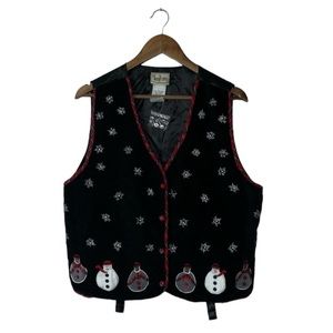 NEW Vintage Velvet Vest Christmas Holiday Snowman Button Embroidery Cotton Large